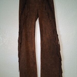 Boot-Cut Fringe Suede-Effect Pants in Brown